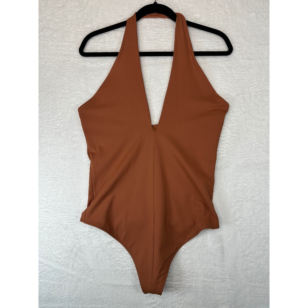 Abercrombie & Fitch Halter Bodysuit Womens Large Brown V-Neck Soft A&F thong
